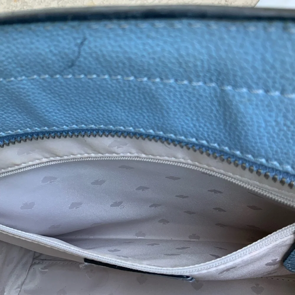 Kate Spade Rowe Dusty Blue Medium Top Zip Pebble Leather Satchel Purse Bag
